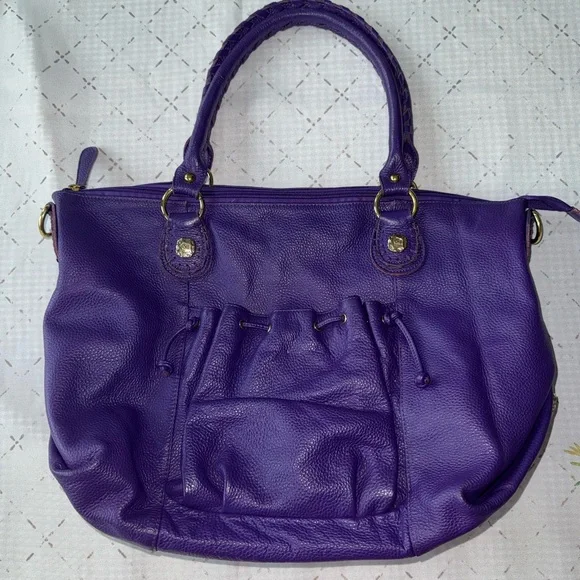 Elegant Purple Leather Tote Handbag with Gathered Detail - Picture 2 of 9